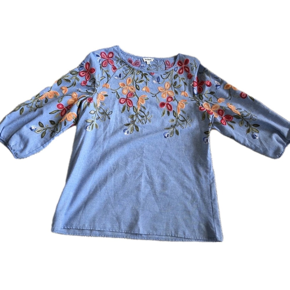 Kindred Womens Blue Embroidered‎ Floral Top M Boho Peasant Off Shoulder Festival